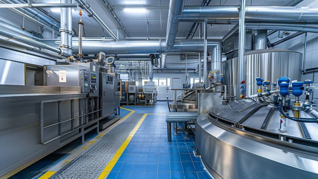 Vue d'ensemble d'un atelier de production avec système d'extraction d'air au-dessus des postes de travail