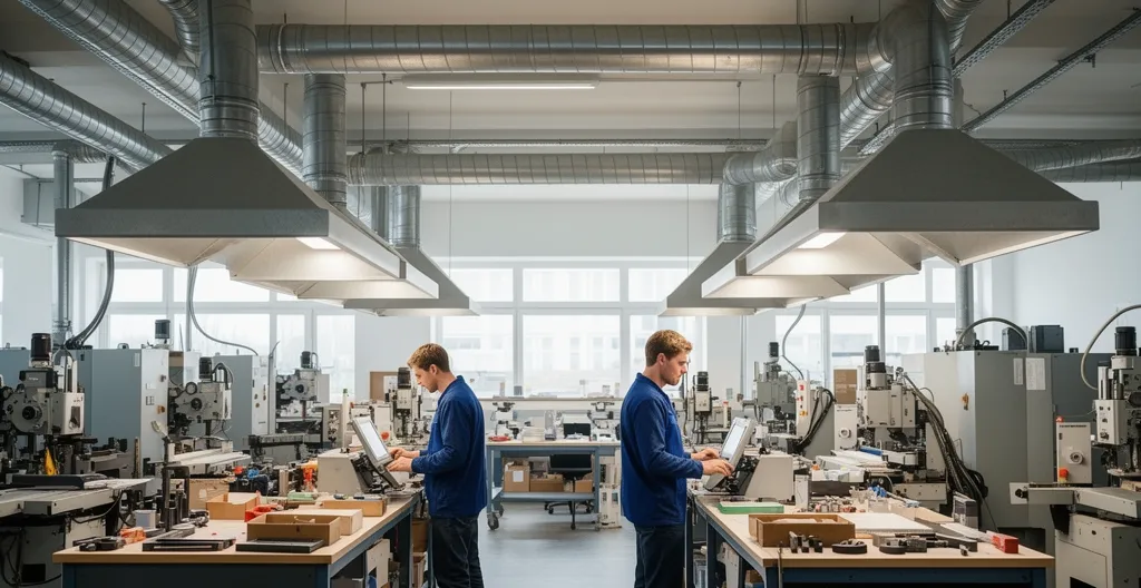 Vue d'ensemble d'un atelier de production avec système d'extraction d'air au-dessus des postes de travail