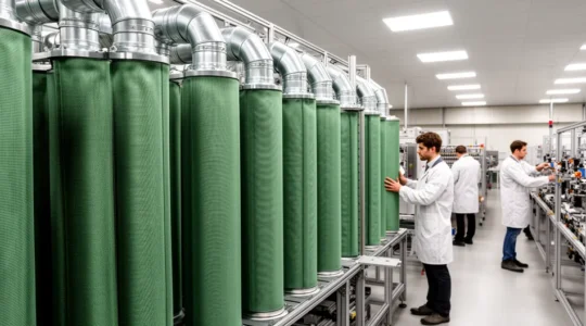 Système de filtration air industriel avec conduits et manches filtrantes en fonctionnement dans un atelier de production