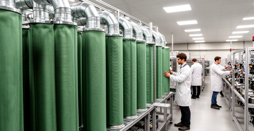 Système de filtration air industriel avec conduits et manches filtrantes en fonctionnement dans un atelier de production