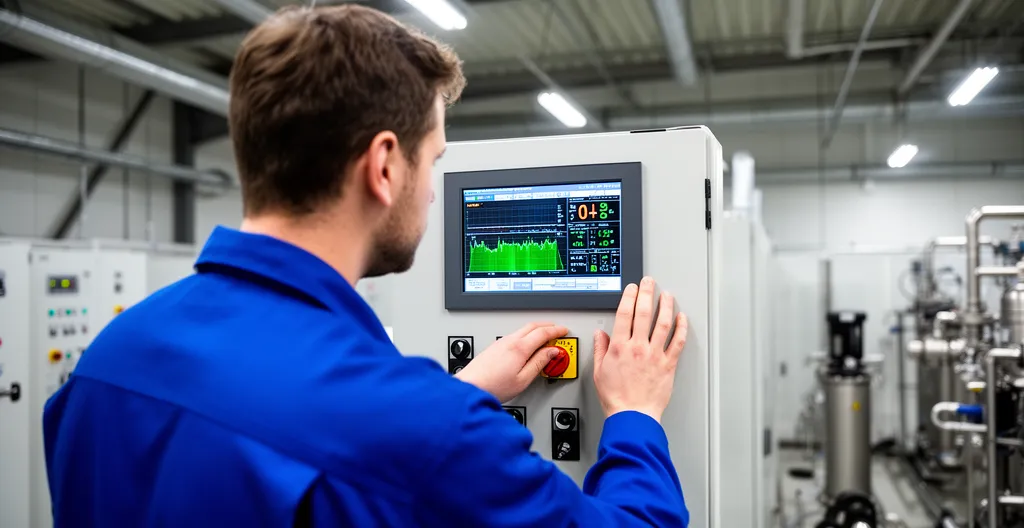 Technicien vérifiant les paramètres de débit sur le panneau de contrôle d'un système de filtration industriel