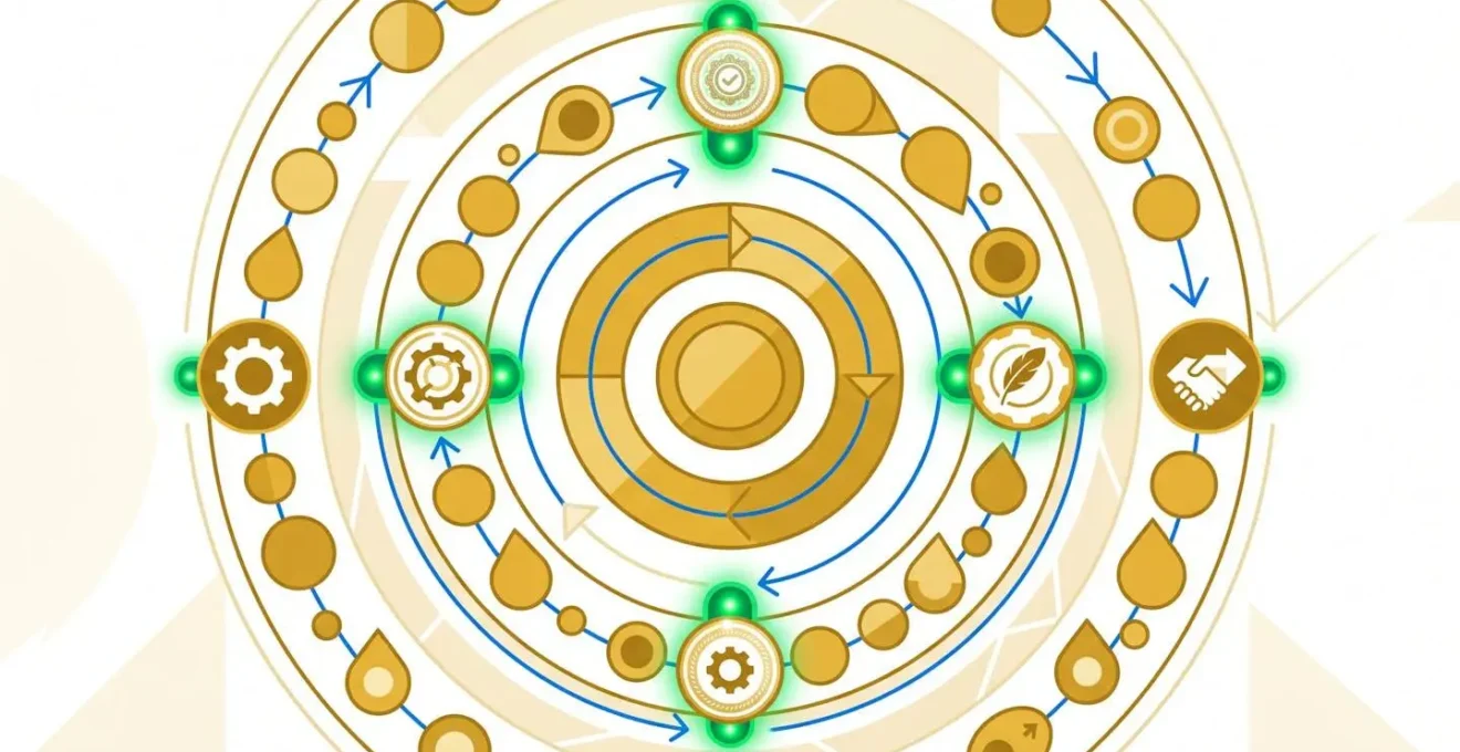 Composition abstraite montrant un flux circulaire de formes dorées géométriques avec points de validation lumineux symbolisant la traçabilité