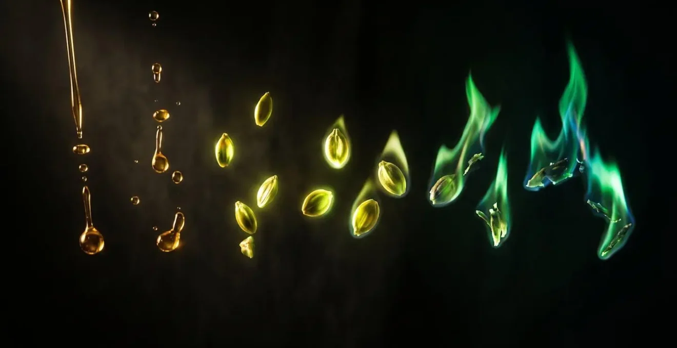 Séquence photographique montrant la métamorphose de gouttes d'huile dorée en graines végétales puis en flammes vertes symbolisant le biocarburant